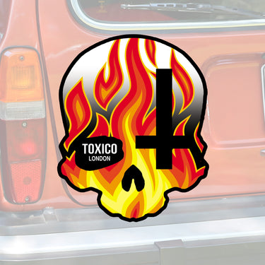 Skull Cross Flames Sticker - Toxico Clothing